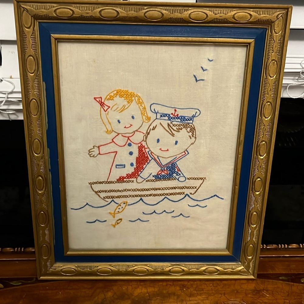 Vintage Embroidered Cross-stitch Hello Sailor wall art - Picture 1 of 6